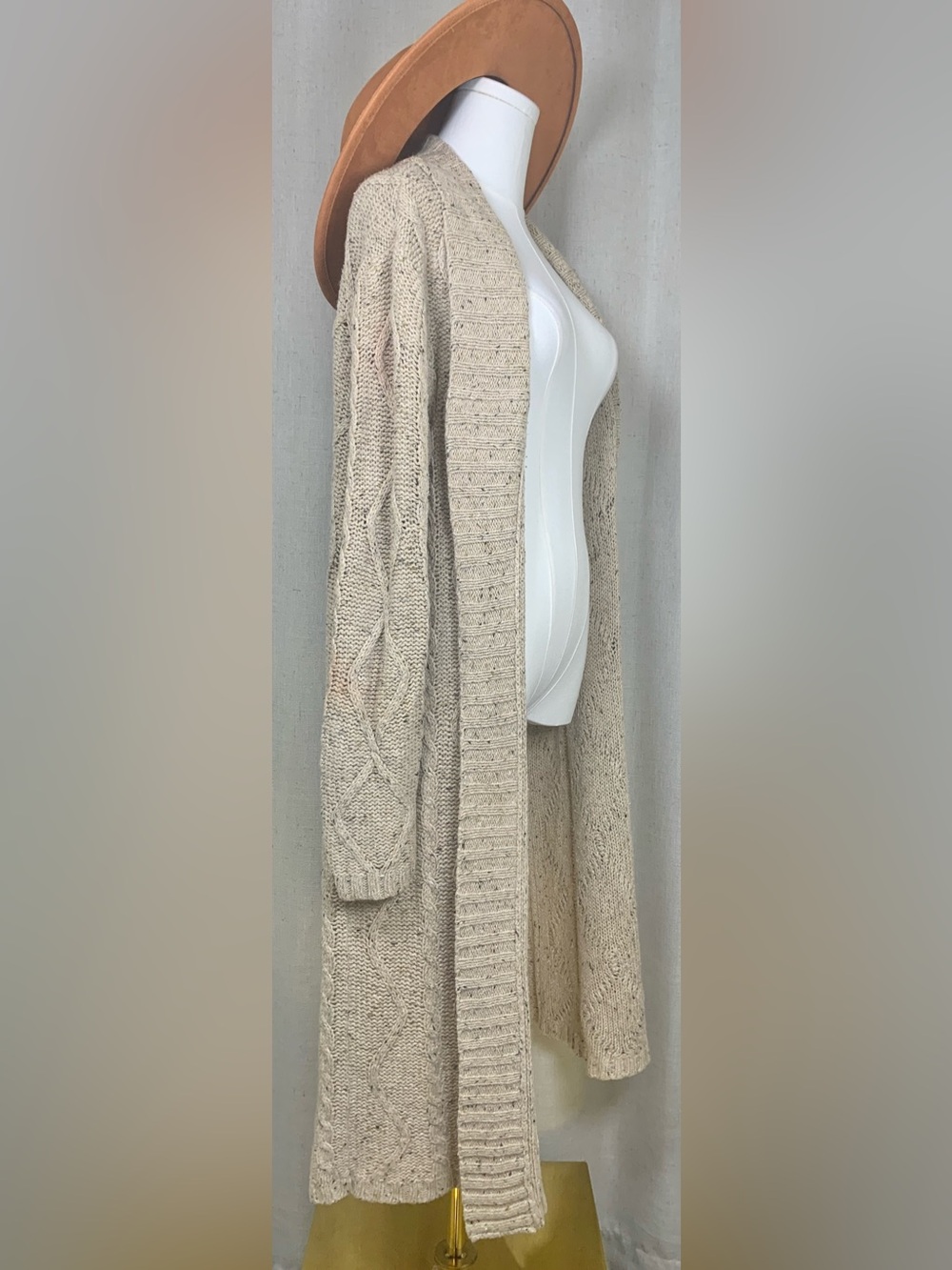Fashion Bug Vintage M Cream Cable Knit Duster Cardigan Boho Open Front Longline
